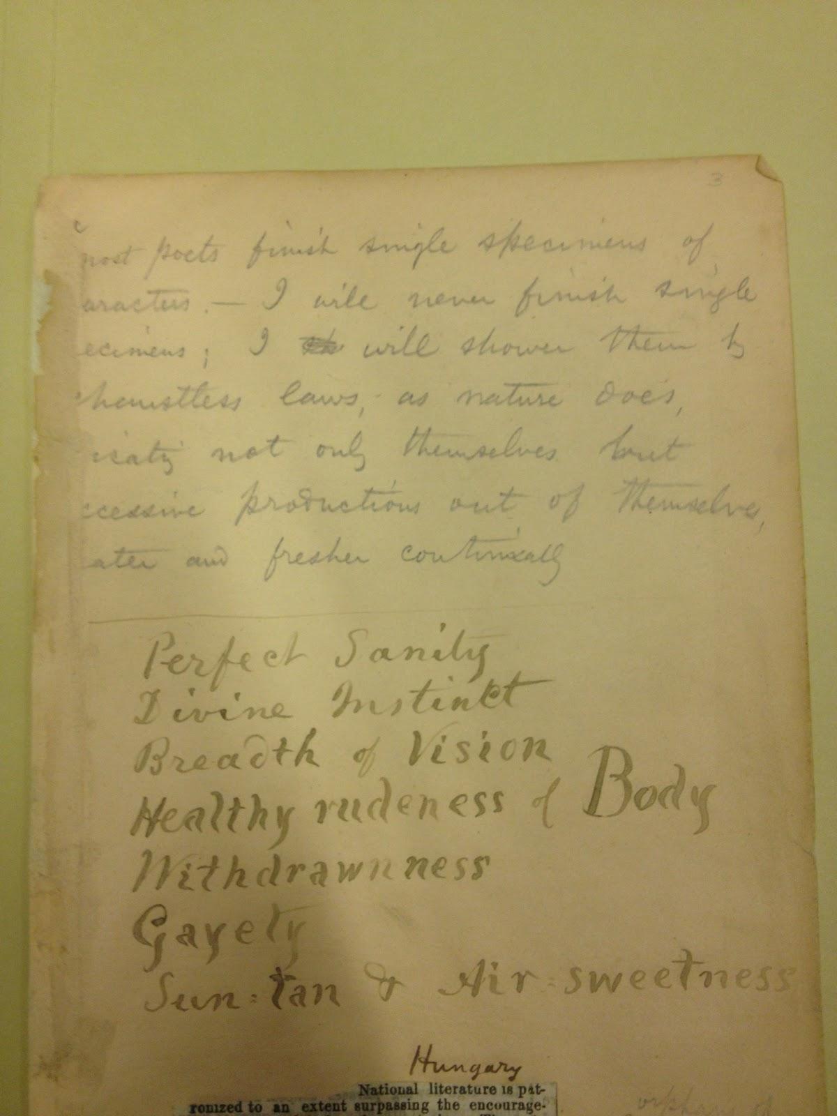 Walt Whitman manuscript from the Boston Public Library — a handwritten list of poetic qualities including "Perfect Sanity, Divine Instinct, Breadth of Vision, Healthy rudeness of Body, Withdrawnness, Gayety, Sun-tan & Air-sweetness"