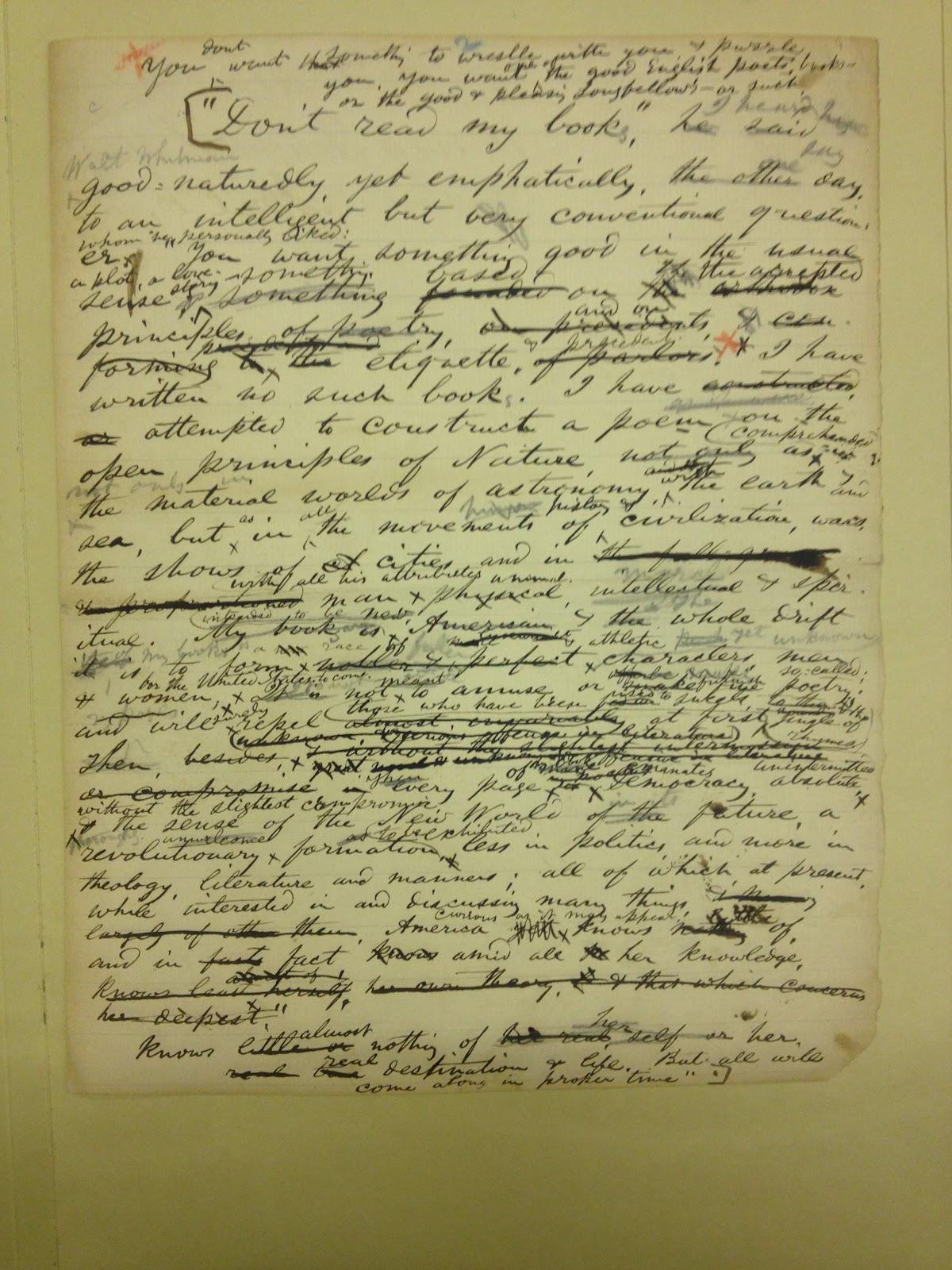Walt Whitman manuscript from the Boston Public Library — handwritten notes on his poetry and its ambitions, heavily revised with cross-outs and insertions