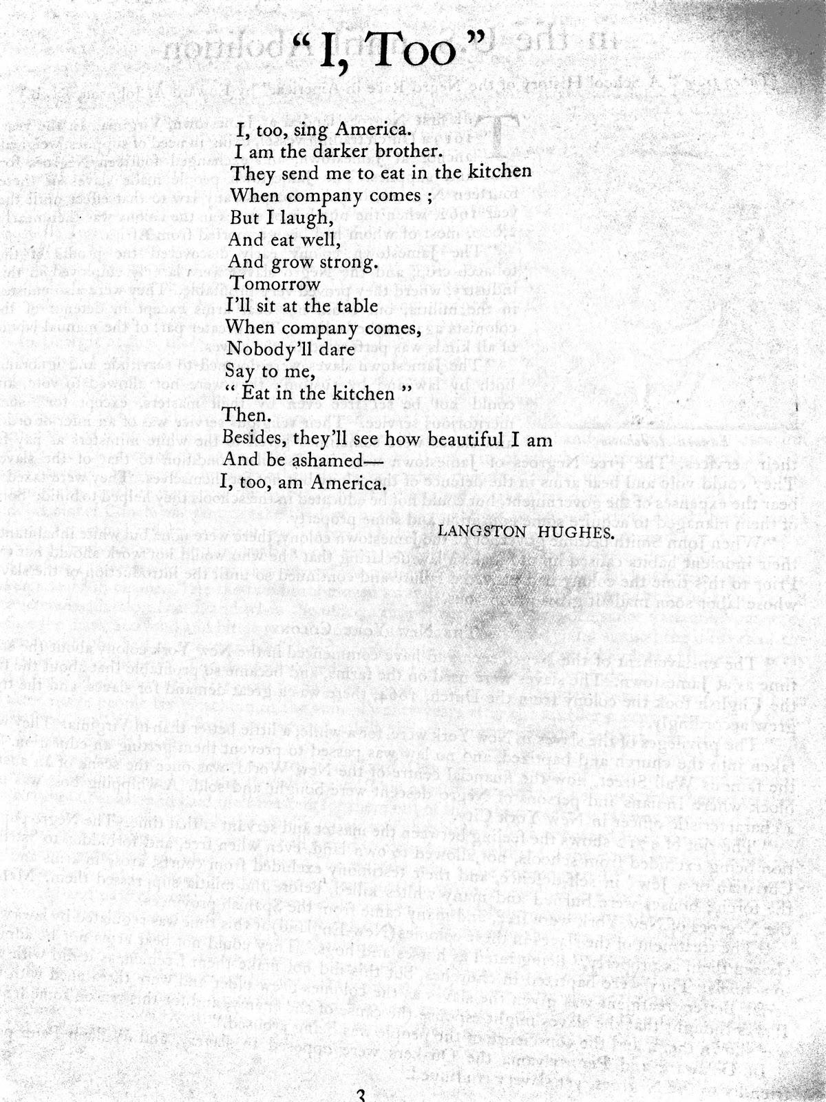 Page from Nancy Cunard's NEGRO Anthology (1934) featuring Langston Hughes’ poem "I, Too" printed on its own full page